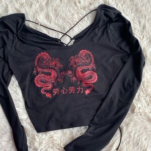Chinese Dragon Black Long Sleeve Crop Top